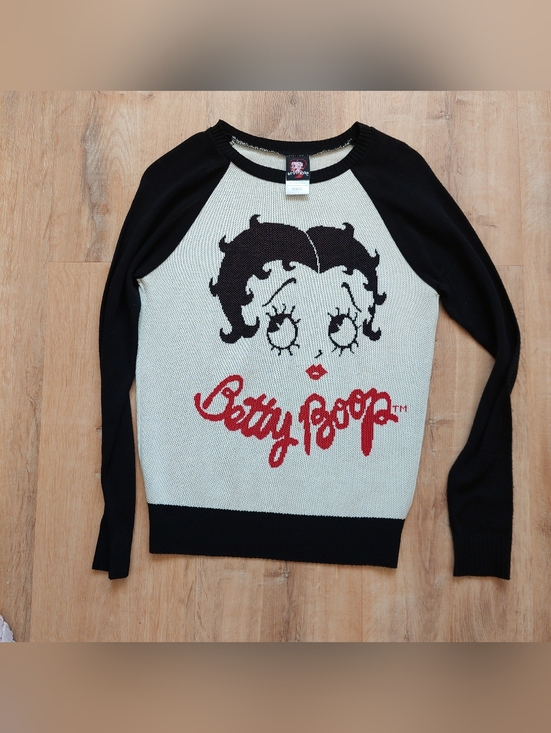 Betty Boop Sweaters - 2014 Betty Boop Black, Cream & Red Graphic Raglan Sweater